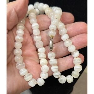 White Moonstone Beaded Necklace Round Polished Luminous Gemstone Strand 20 Inch